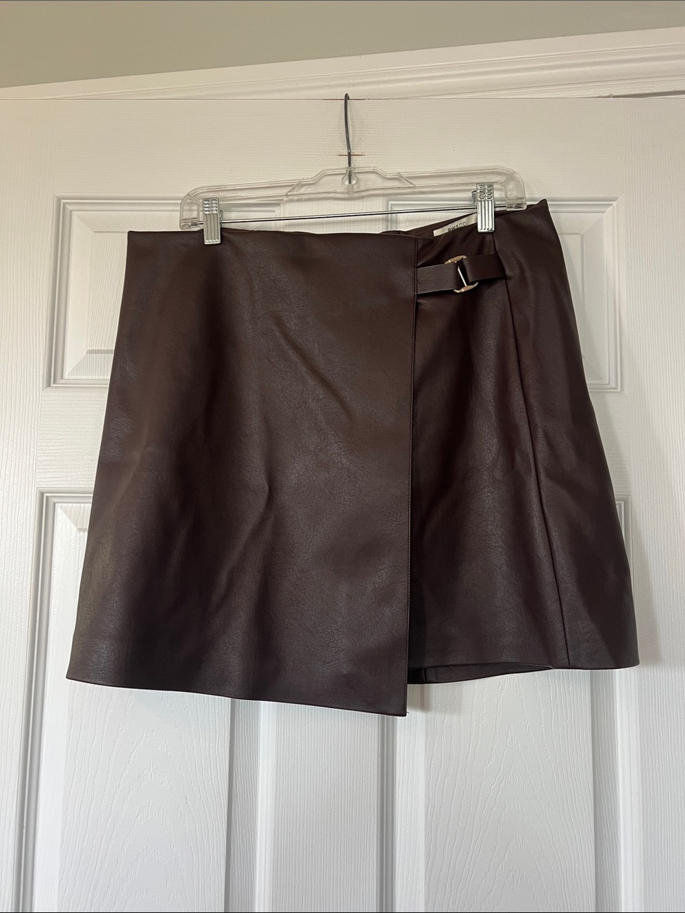 Faux Leather Mini Skirt in Dark Brown with Buckle Detail
